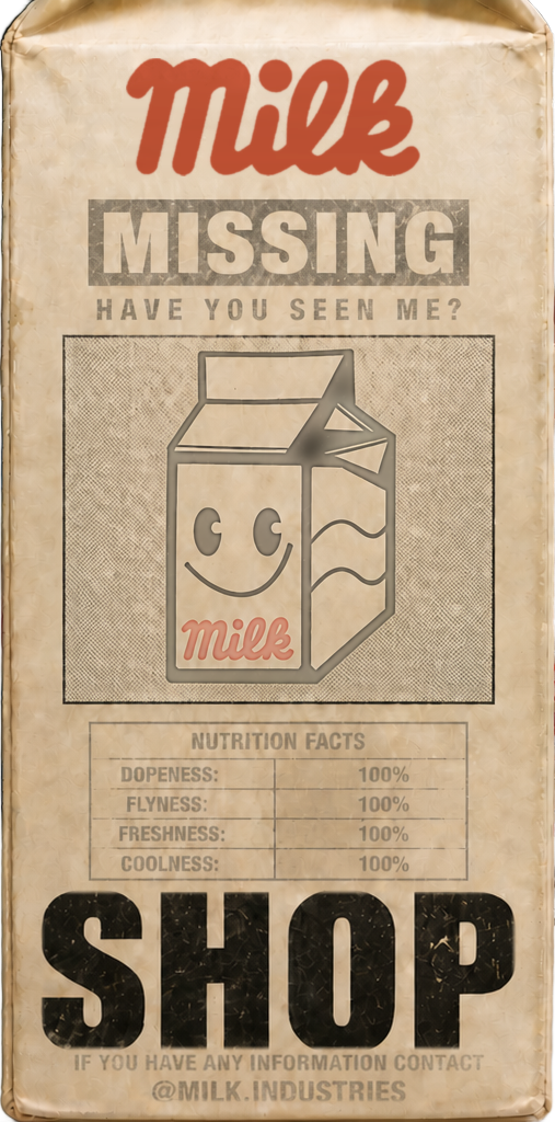 Caixa de leite antiga da Milk Industries — painel MISSING com a caixinha mascote, Nutrition Facts e SHOP